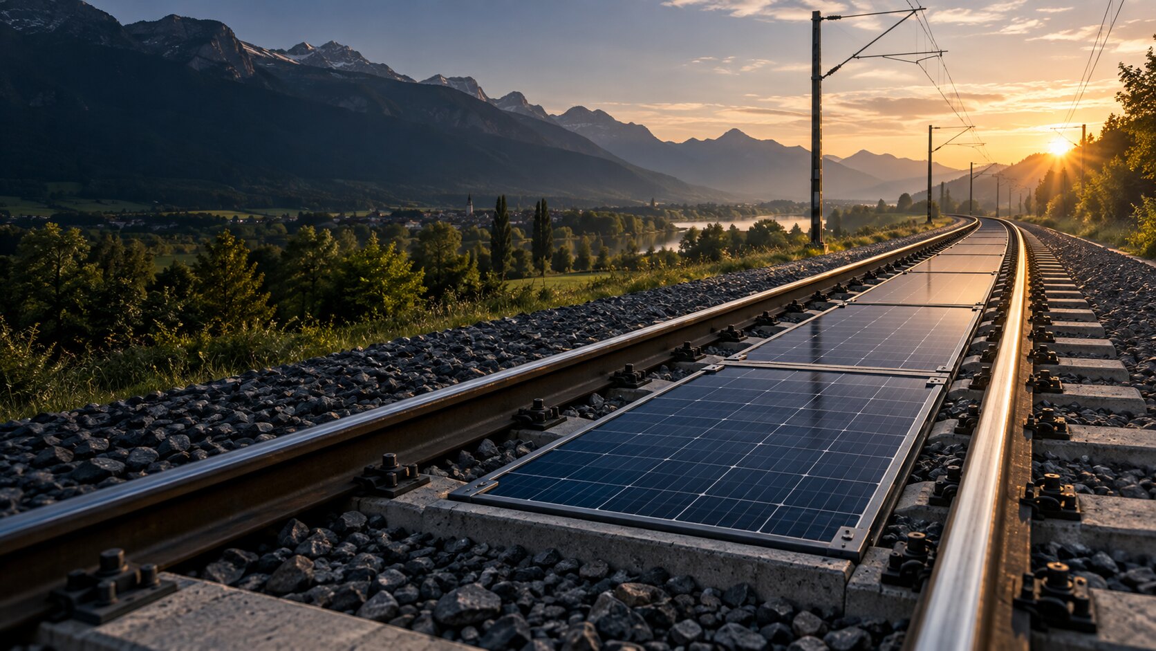 Rappresentazione del fotovoltaico integrato nello spazio tra i binari ferroviari